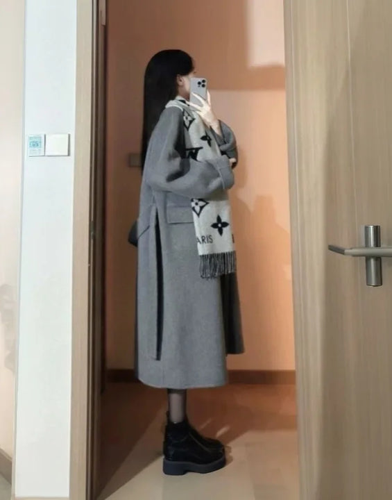 High-end Gray Women Thick Double-sided Wool Cashmere Coat New Loose Lapel Long Sleeve Woolen Coats Female Overcoat Winter