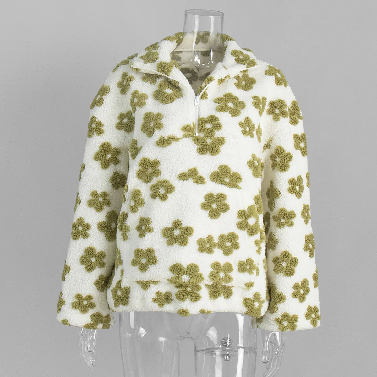 KADUWAKI Retro Christmas Women's Fashion Polar Fleece Flower Blossoms Sweaters Cotton Loose Warm Fur Stand Up Collar Zipper Tops