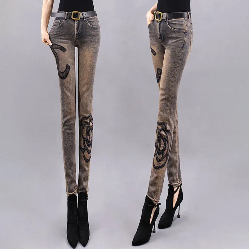 High waist Slim Jeans for Woman Streetwear Aesthetic Print Jean Pants Vintage Washed Denim Trouser