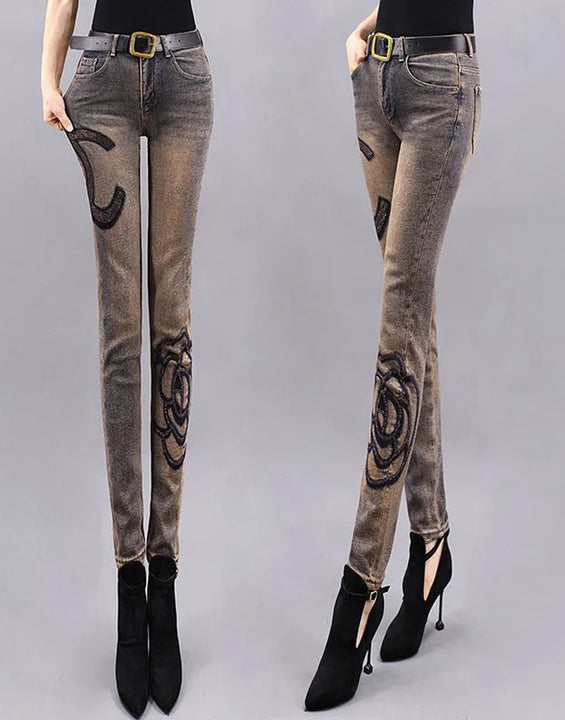 High waist Slim Jeans for Woman Streetwear Aesthetic Print Jean Pants Vintage Washed Denim Trouser