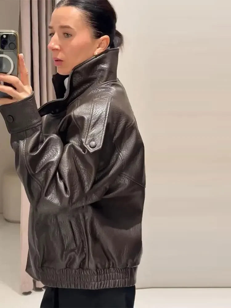 Women Bomber Jacket Leather Coat Retro Coat Stand-Collar Top Textured Clothes Lversized Biker Coat Casual Streetwear Outerwear