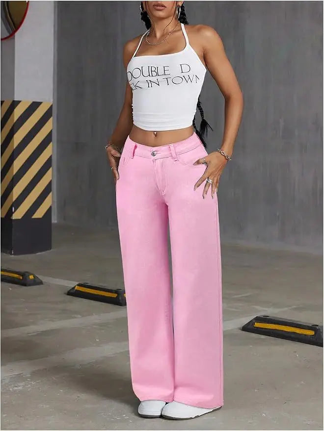 UNITIM Lady Versatile Washed Denim Trousers Women Straight Leg Slim Fit Jeans Pants Women Pockets Vintage Floor Length Trousers