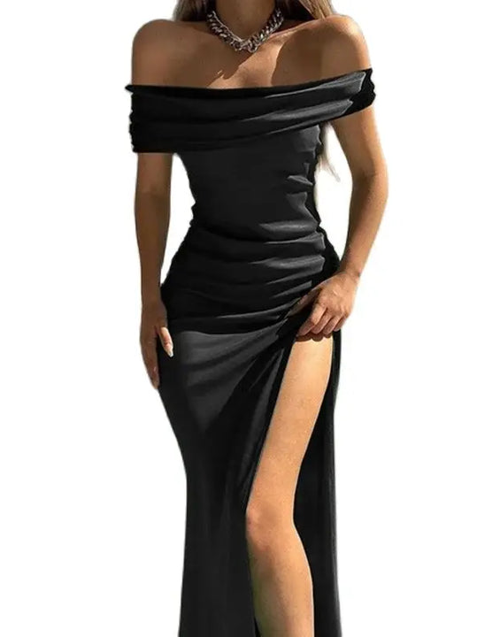 Fashion One-line Collar Off The Shoulder Dresses Women Commuter Slim Side Split Hem Dress Summer Gala Party Female Wrap Hip Gown