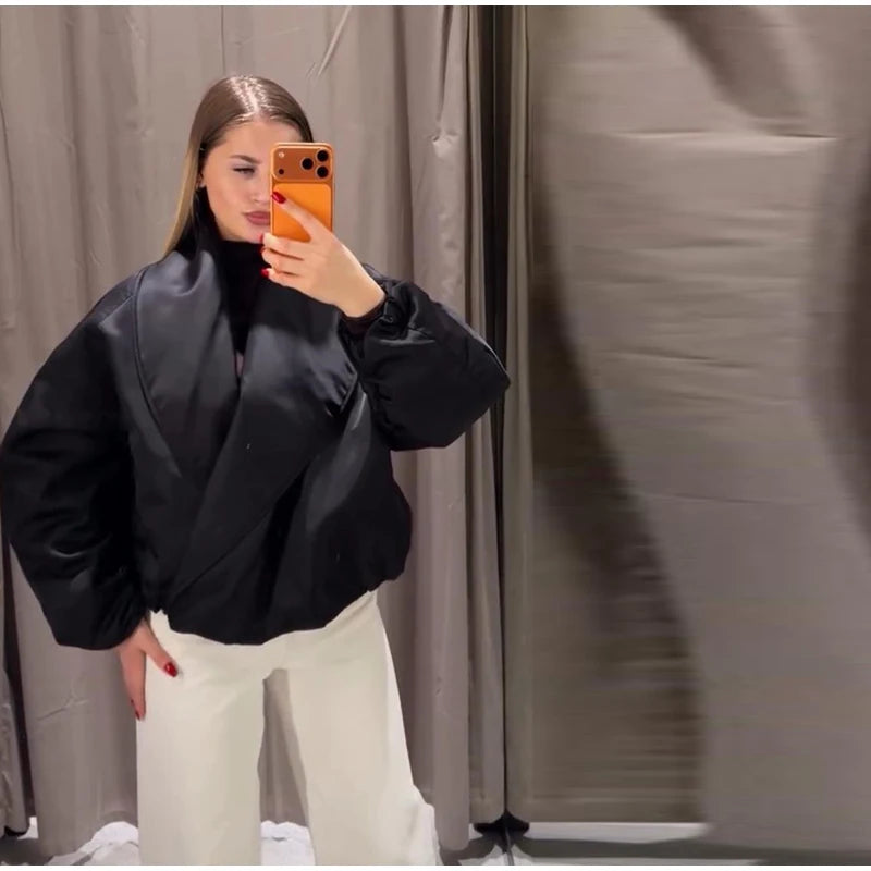 Vintage Women's Padded Bomber Jacket Loose Hidden Buckle Pockets Full Sleeve Stand Collar Black Coats 2026 Spring Autumn Outwear