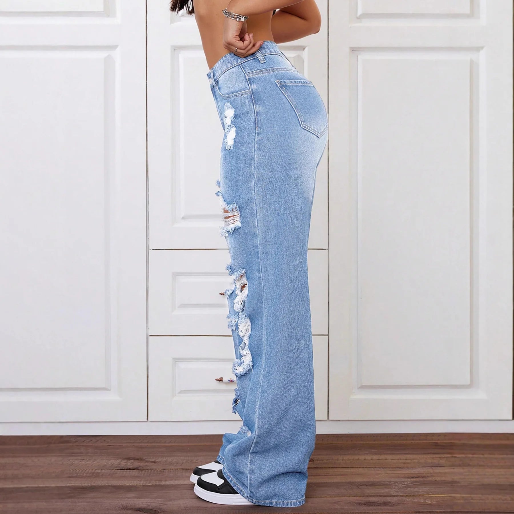 Women High Waist Straight Leg Jeans Ripped Denim Pants Casual Long Trousers Spring Summer