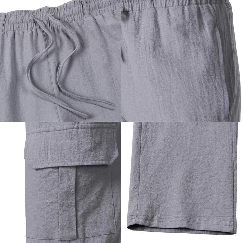 Summer Men'S Cotton And Linen Pants Multiple Pockets Breathable Loose Drawstring Straight Leg Pants Sports And Casual Pants
