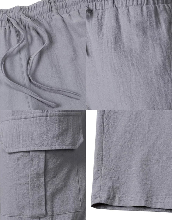 Summer Men'S Cotton And Linen Pants Multiple Pockets Breathable Loose Drawstring Straight Leg Pants Sports And Casual Pants