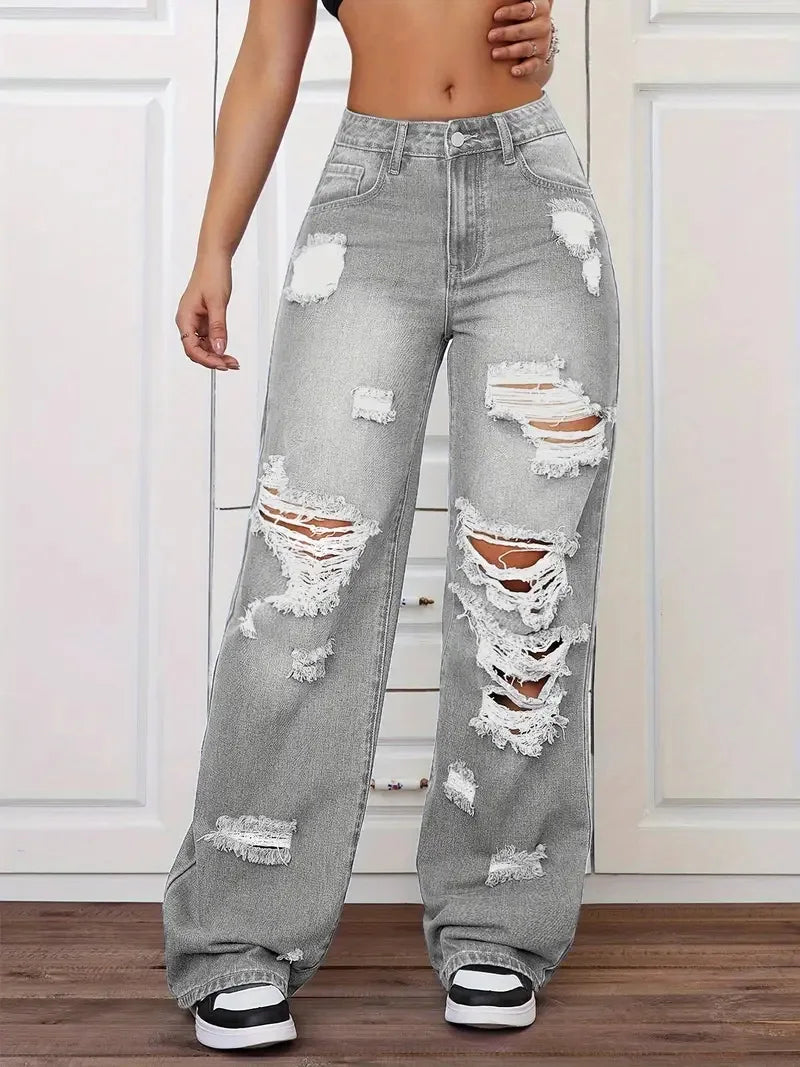 Distressed Washed High Waist Straight Leg Versatile Loose Fit Denim Pants for Women