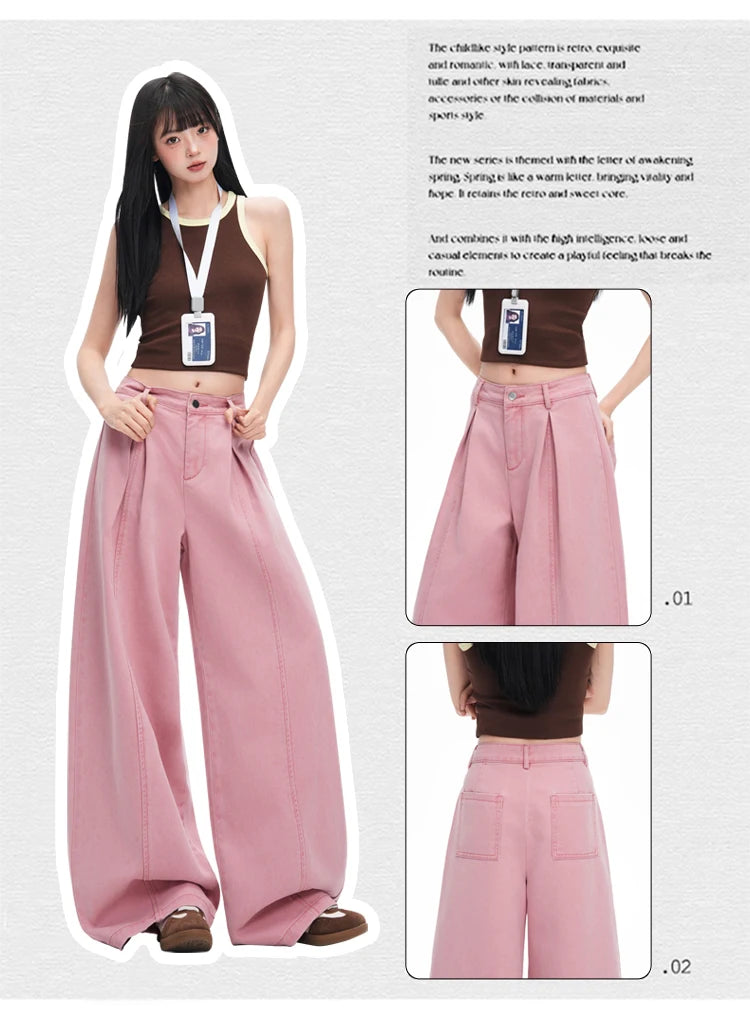 Women's Pink Folds Wide Leg Jeans 2026 Korean Fashion New High Waist Loose Casual Denim Trousers Streetwear Y2k