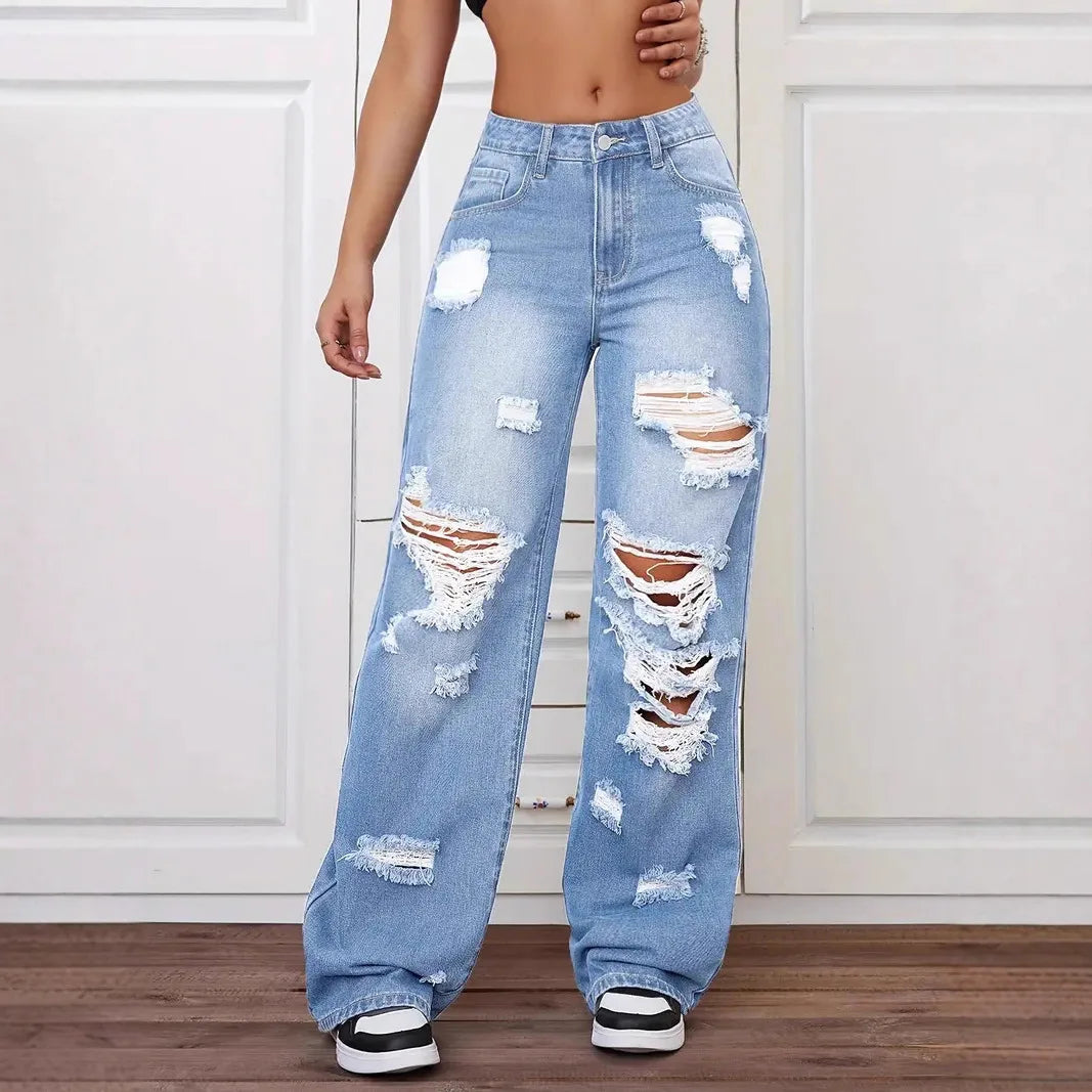 Distressed Washed High Waist Straight Leg Versatile Loose Fit Denim Pants for Women
