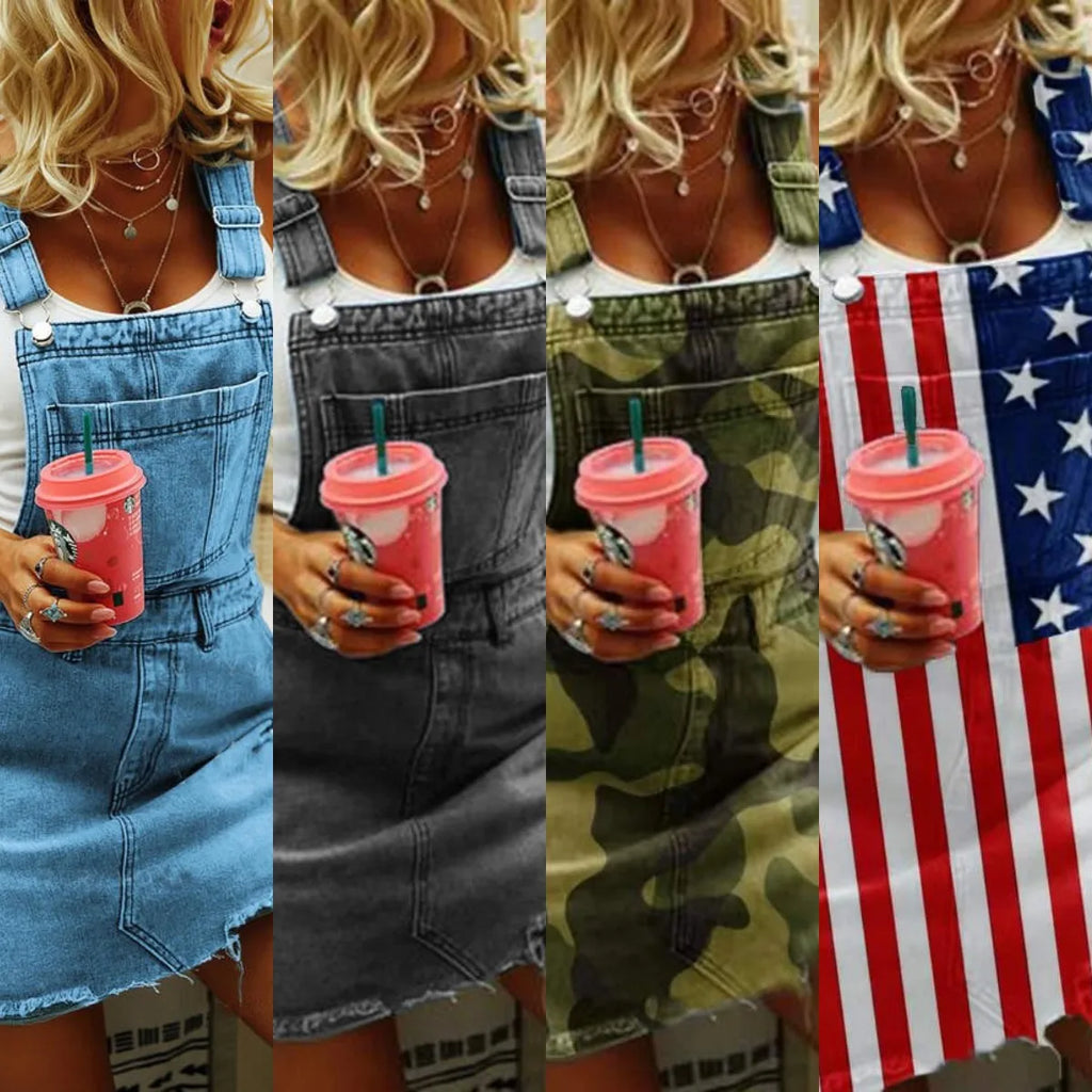 Streetwear Women Off Shoulder Denim Suspender Dress Casual Solid