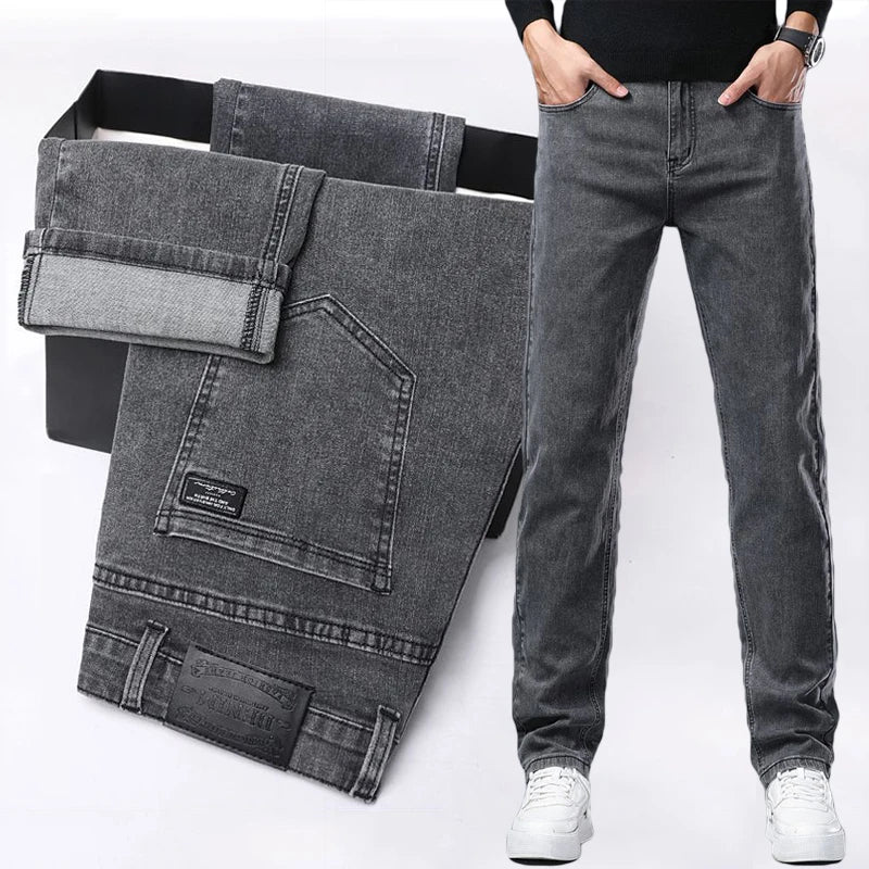 Spring New Men's Slim Fit Elastic Jeans Fashion Gray Comfortable Casual Denim Pants Korean Business Work Straight Black Trousers