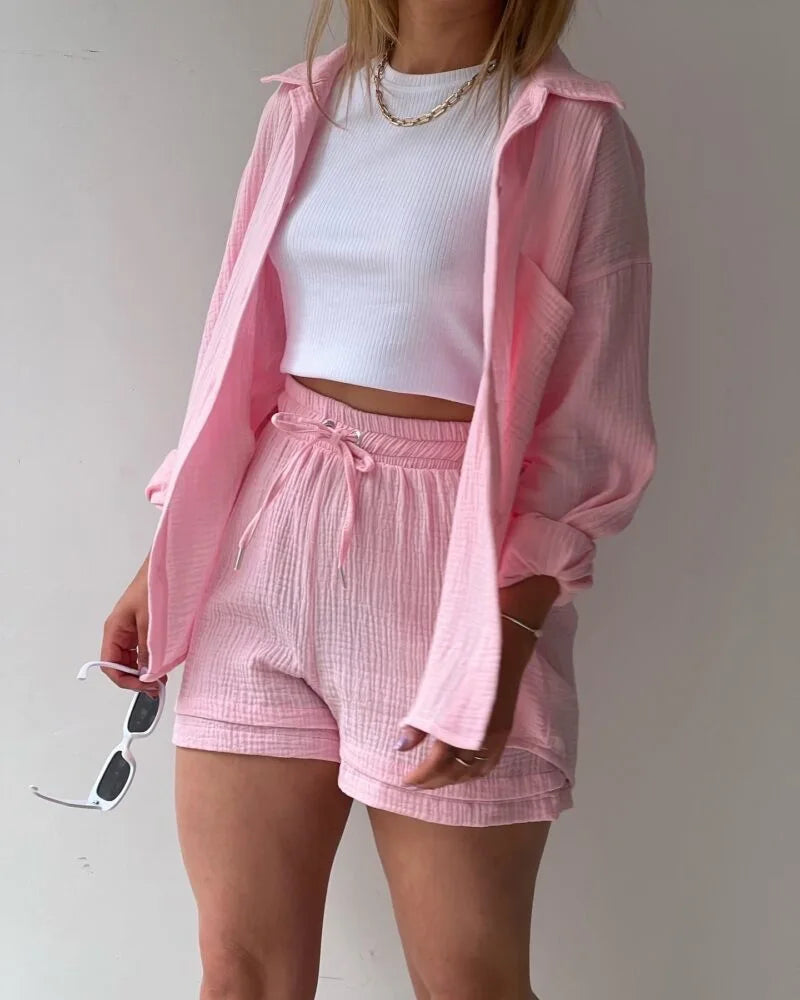 Women's Summer Shorts Set White Long Shirt High Waisted Pants Sets Casual Outfit Streetwear Suits For Women Female Clothing 2025