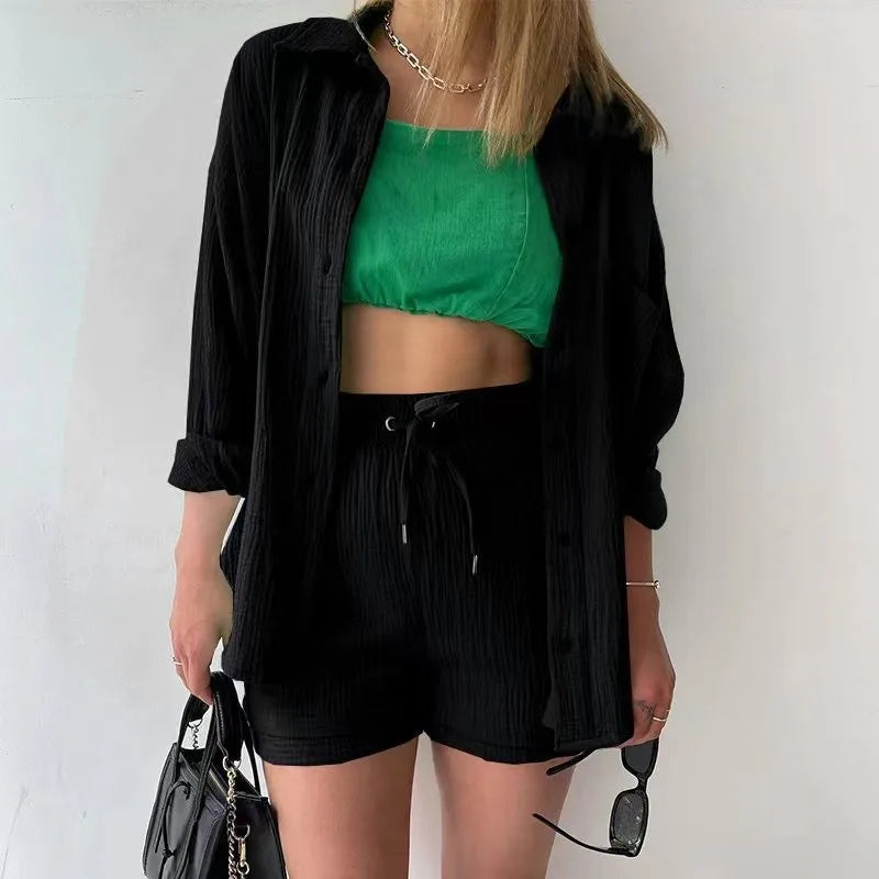 Women's Summer Shorts Set White Long Shirt High Waisted Pants Sets Casual Outfit Streetwear Suits For Women Female Clothing 2025