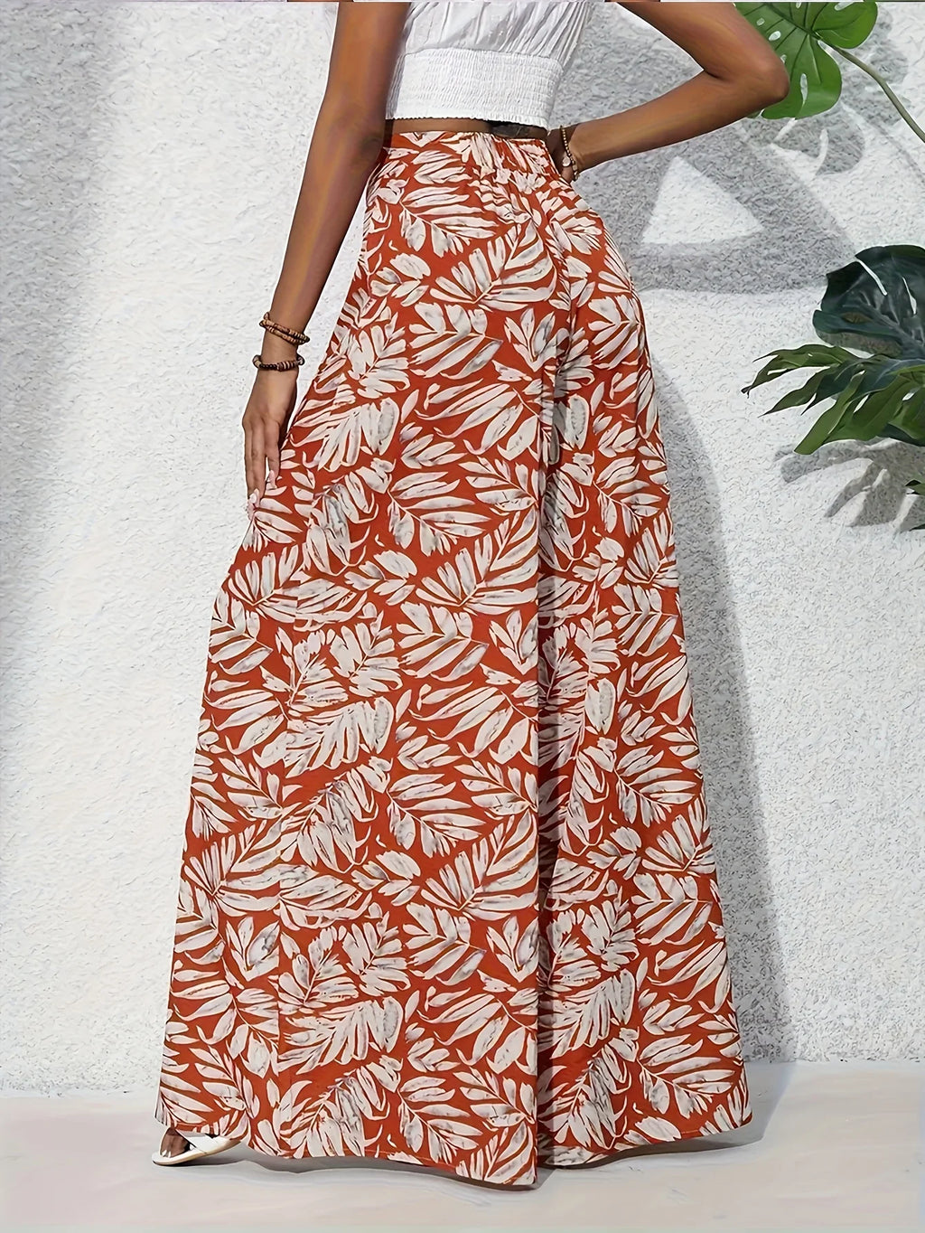 Ladies' summer floral print wide leg pants, elegant high waisted loose casual pants, suitable for vacation style