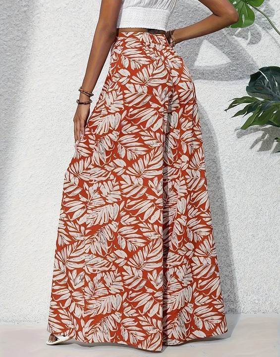 Ladies' summer floral print wide leg pants, elegant high waisted loose casual pants, suitable for vacation style