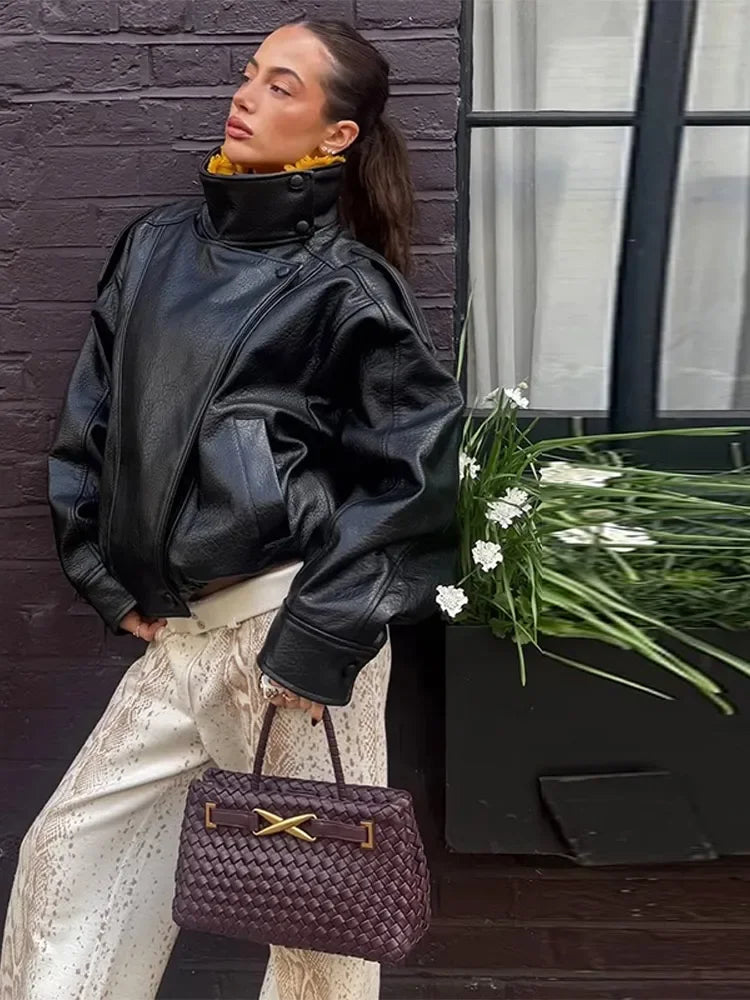 Women Bomber Jacket Leather Coat Retro Coat Stand-Collar Top Textured Clothes Lversized Biker Coat Casual Streetwear Outerwear