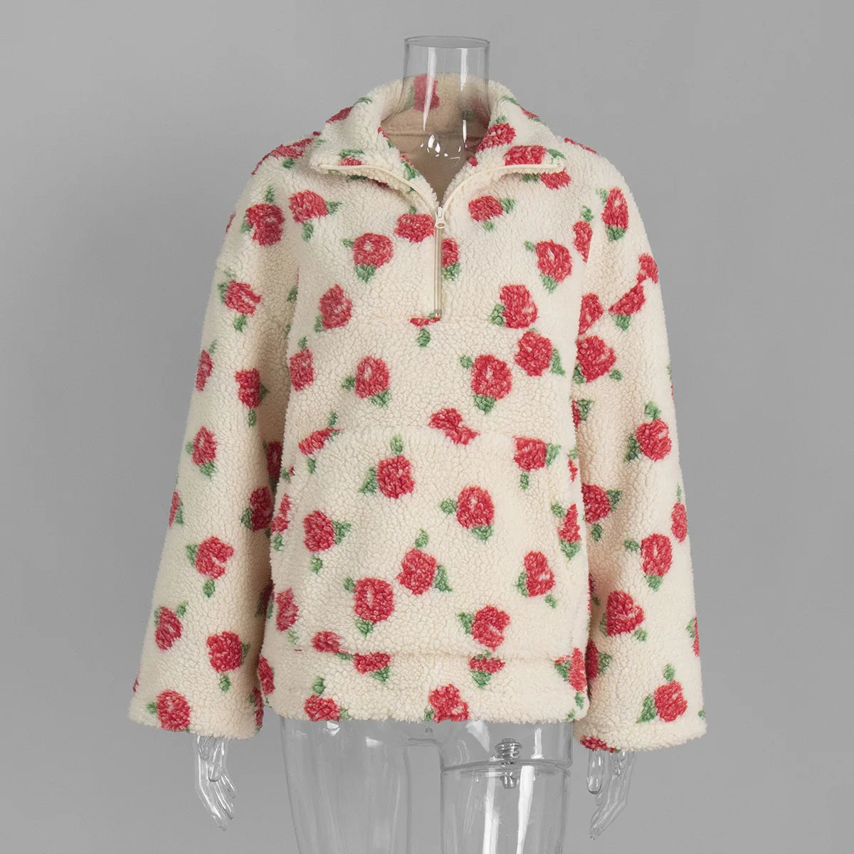 KADUWAKI Retro Christmas Women's Fashion Polar Fleece Flower Blossoms Sweaters Cotton Loose Warm Fur Stand Up Collar Zipper Tops