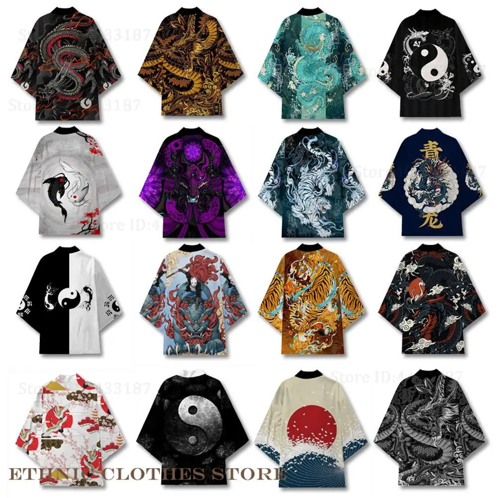 Oversize 3XL 4XL 5XL Japanese Kimono Cardigan Traditional Men's Samurai Cosplay Costume Chinese Style Print Dragon Yukata Haori