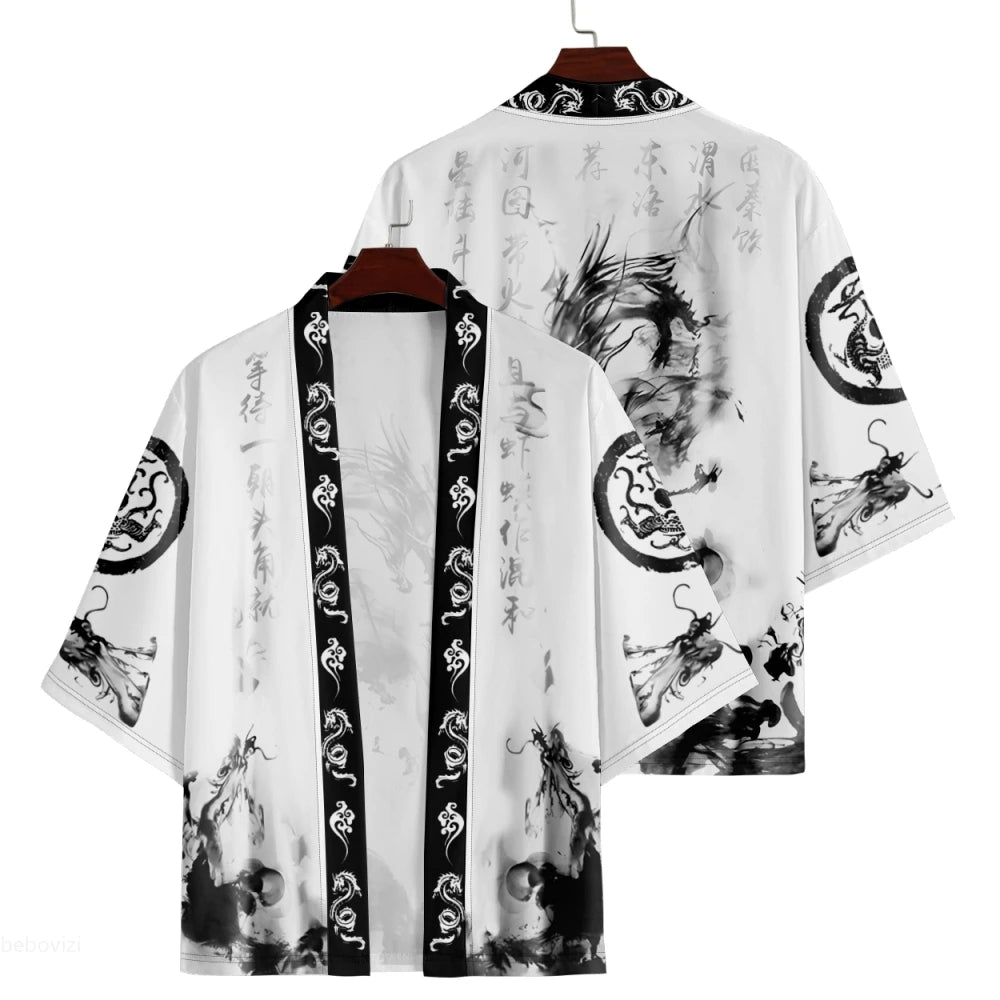 2025 Summer Samurai Dragon Print Men's White Japanese Haori Kimono Oversized Cardigan Robe for Cosplay Streetwear Tops