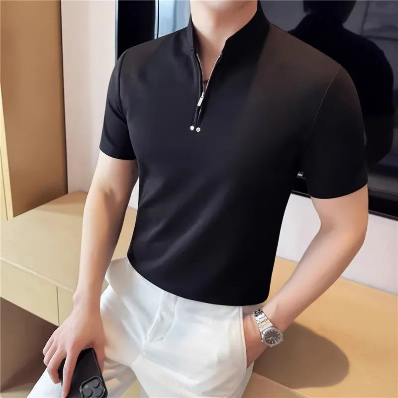 Summer Men's Stand Collar T-Shirts Fashion Half Zipper Pullover Tees Tops Men Solid Color Short Sleeve Slim Fit Casual  Tshirt