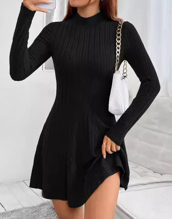 Knitted Dresses Women Basics Pleated Dress Half High Collar Full Sleeve Solid Short Vestidos Knitting A Line Office Lady 2025