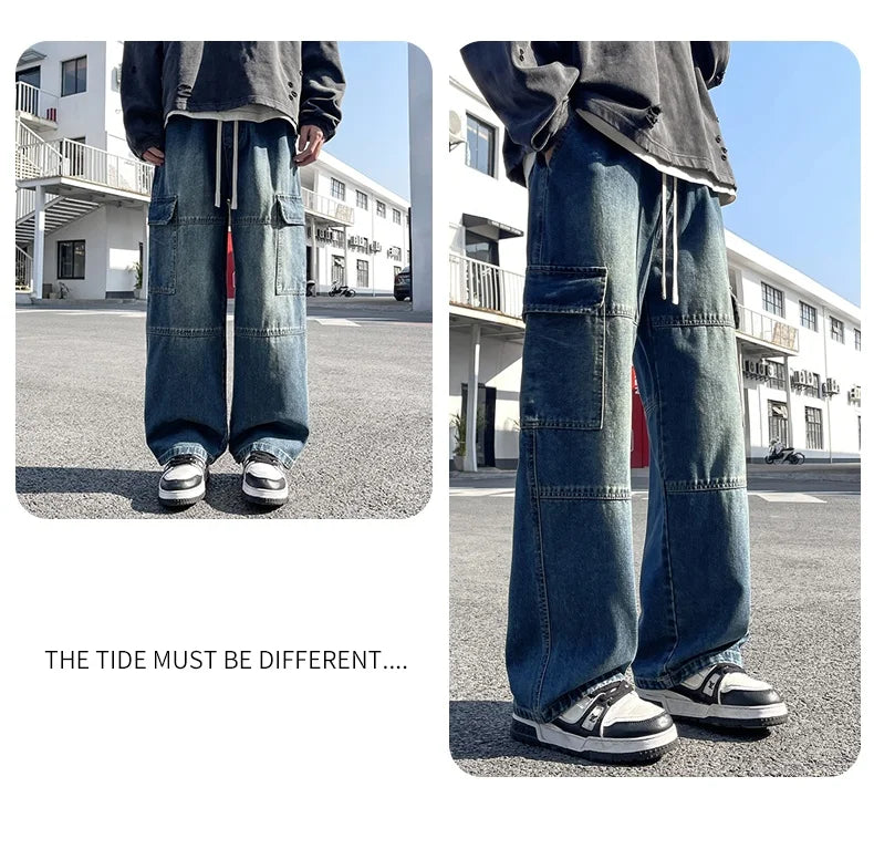 2025 new men's cement grey work jeans Y2K street hip-hop large pocket wide-leg straight jeans trousers jogging black light blue