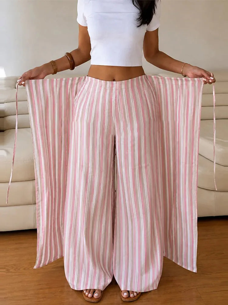 Pants Leg Stripe Women Trousers Adjustable Waist Wrap Loose Summer Floor Length Boho Palazzo Trousers Women Outfit For Women