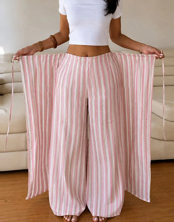 Pants Leg Stripe Women Trousers Adjustable Waist Wrap Loose Summer Floor Length Boho Palazzo Trousers Women Outfit For Women