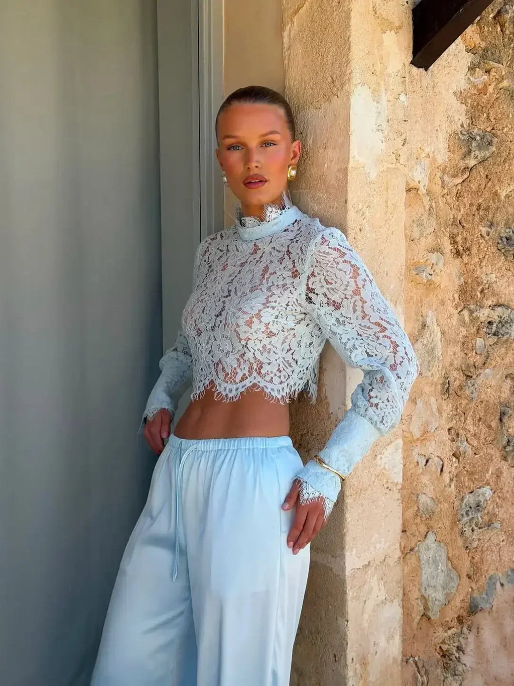 Lace Top Pants 2 Piece Set Women Chic Solid Half High Collar Cropped Back Split Long Pant Suit 2026 Lady Daily Street Outfit New