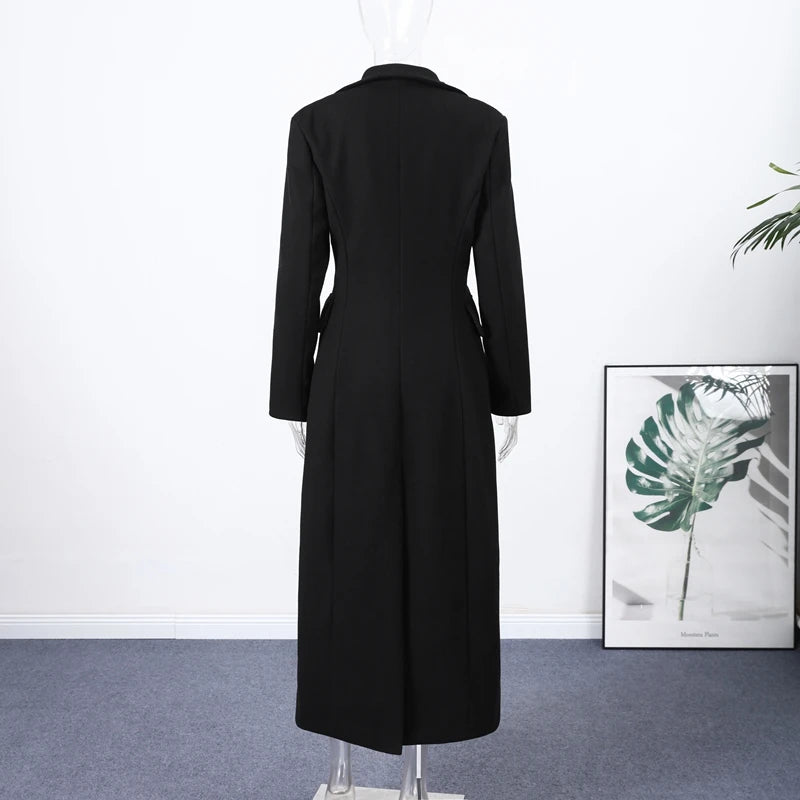 Elegant Women's Woolen Coat Black Single-Button Stand Collar Slim Lady Long Coats 2025 Autumn Winter Chic Female Streetwear New