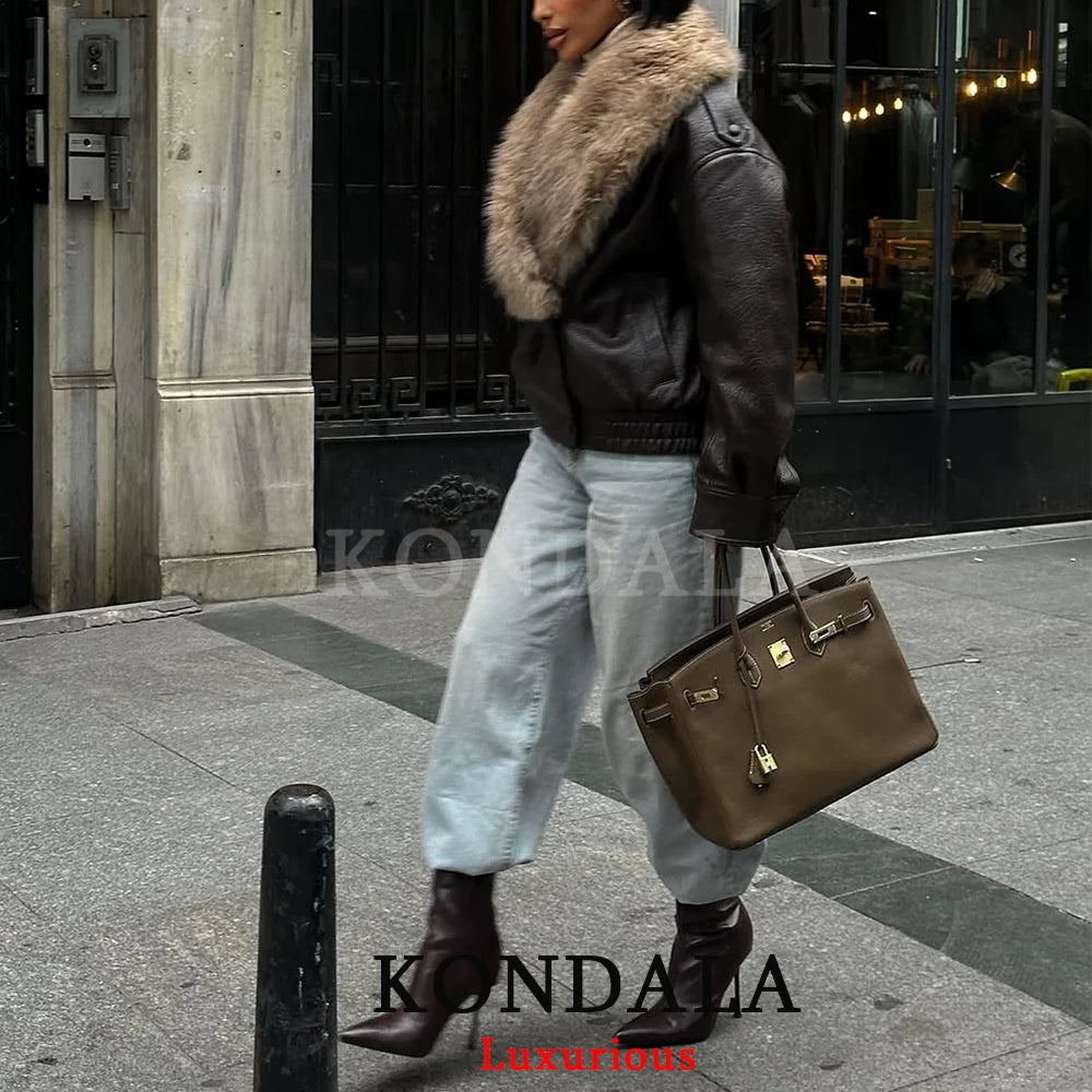Fur-Collar Faux Leather Jacket