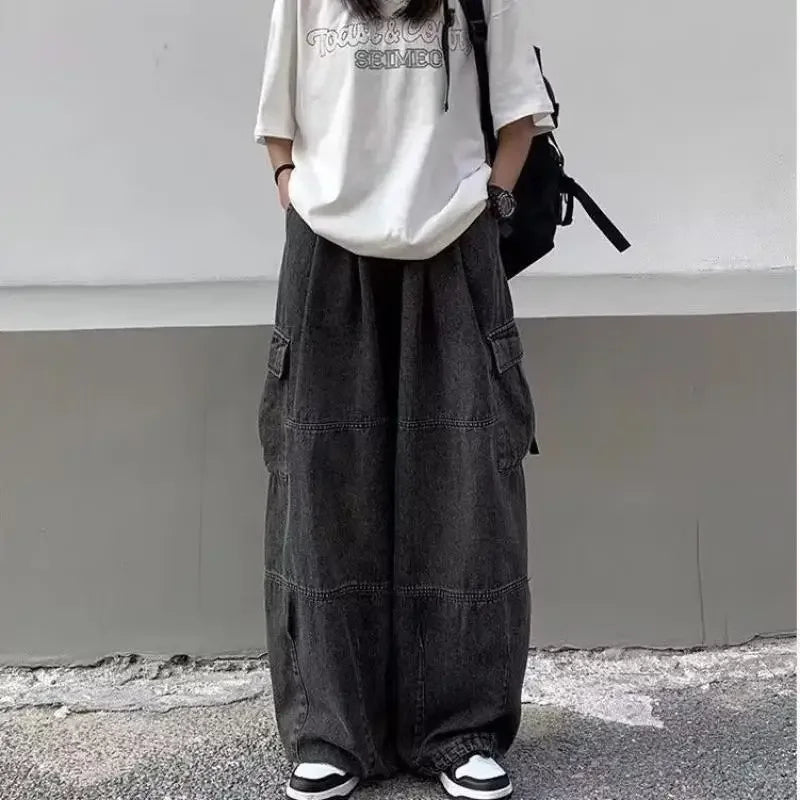 Baggy Jeans Women Oversized Vintage Denim Pants Men Retro Harajuku Wide Leg Jeans Casual Loose Elastic Waist Streetwear Trousers