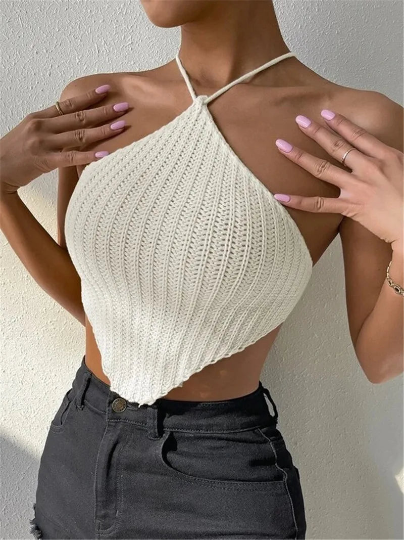 Tie-up neck knitted vest design sweater chest wrap top