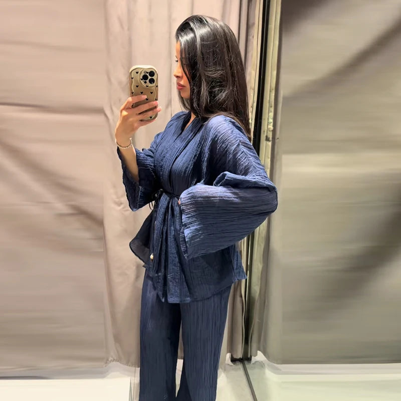 Tie Front Textured Women Set V-Neck Loose Set Wide Sleeve Drawstring Pants Casual Lounge Solid Color 2 Piece Outfits For Daily