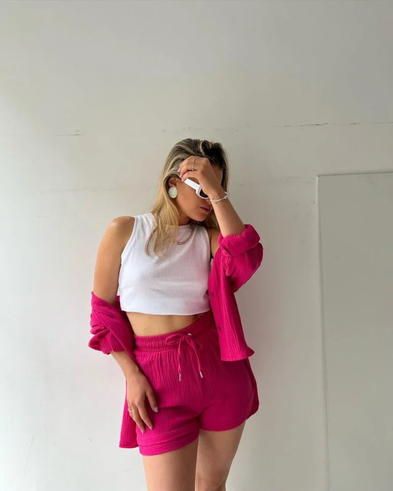 Women's Summer Shorts Set White Long Shirt High Waisted Pants Sets Casual Outfit Streetwear Suits For Women Female Clothing 2025