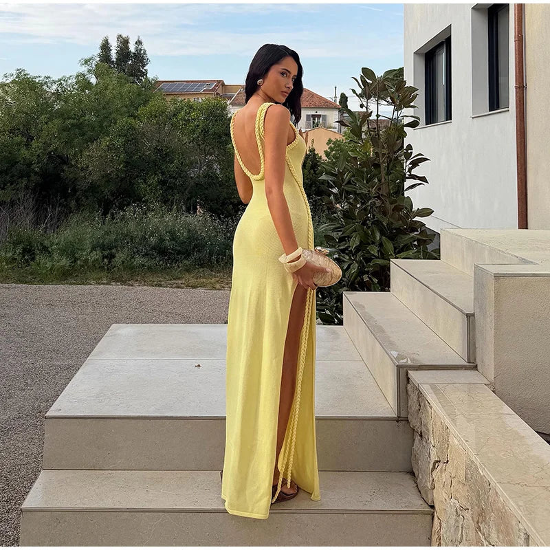 Women Elegant Maxi Dress Keyhole Neckline Braided Trim Sleeveless Backless High Slit Hem Solid Dresses 2026 Summer Fashion Gown
