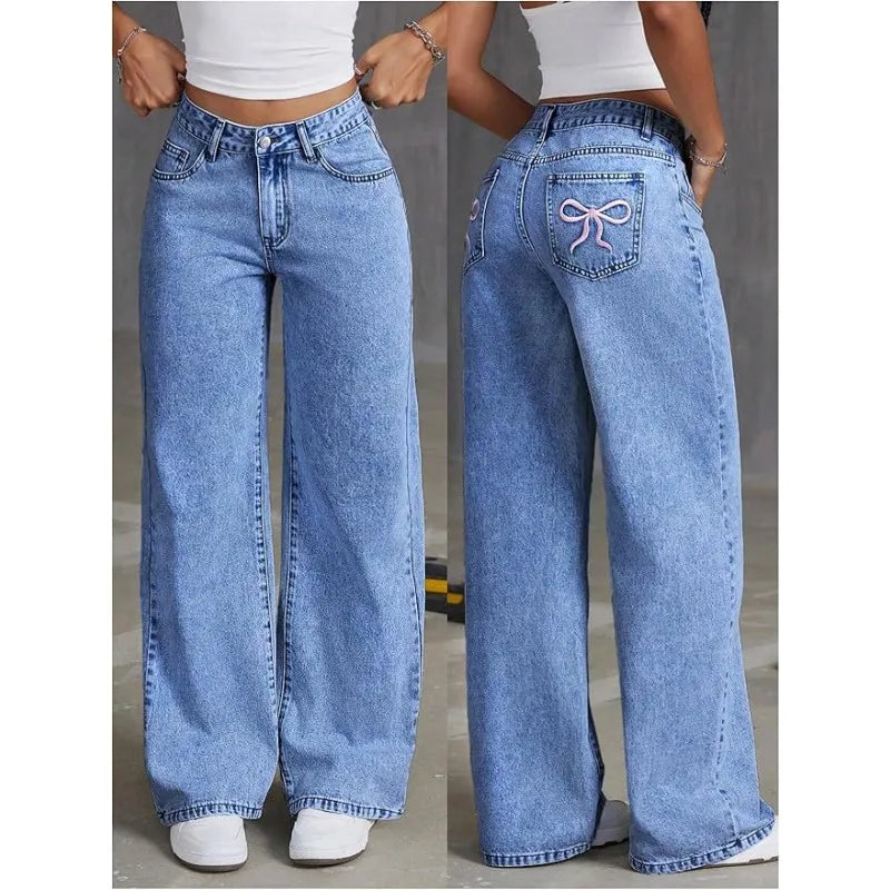 UNITIM Lady Versatile Washed Denim Trousers Women Straight Leg Slim Fit Jeans Pants Women Pockets Vintage Floor Length Trousers