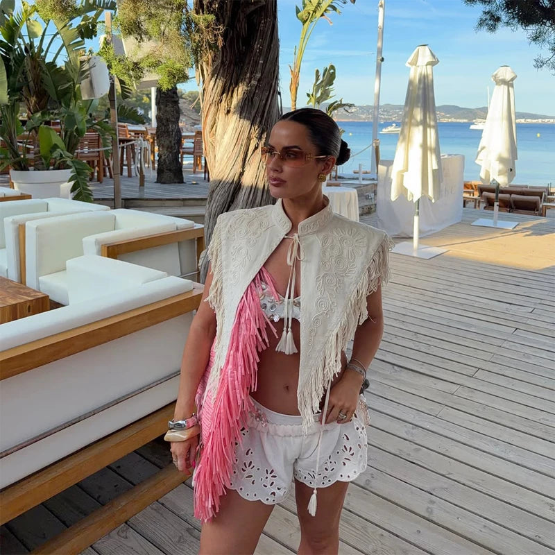 Chic Embroidery Tassel Shawl Women Casual Solid Stand Neck Sleeveless Irregular Short Top 2026 Female Vacation Daily Clothes New