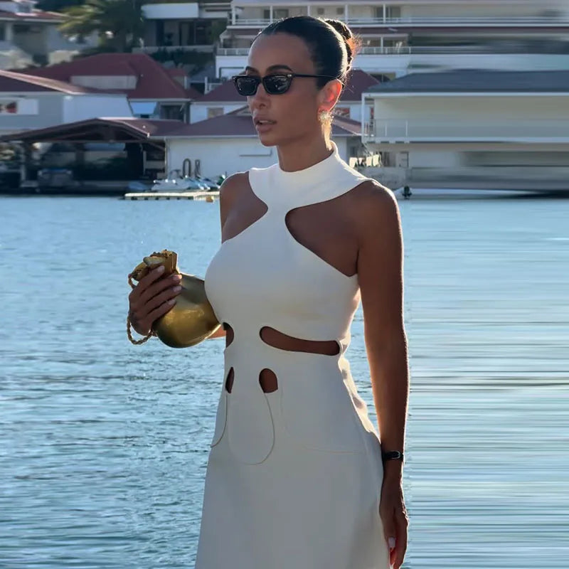 Women Elegant Maxi Dress Keyhole Neckline Braided Trim Sleeveless Backless High Slit Hem Solid Dresses 2026 Summer Fashion Gown