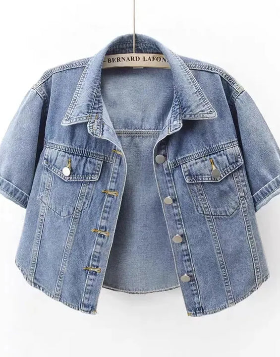 Vintage Cropped Denim Jacket Women Summer Loose Single Breasted Turn Down Collar Short Sleeve Tops Harajuku Casual Jean Jacket