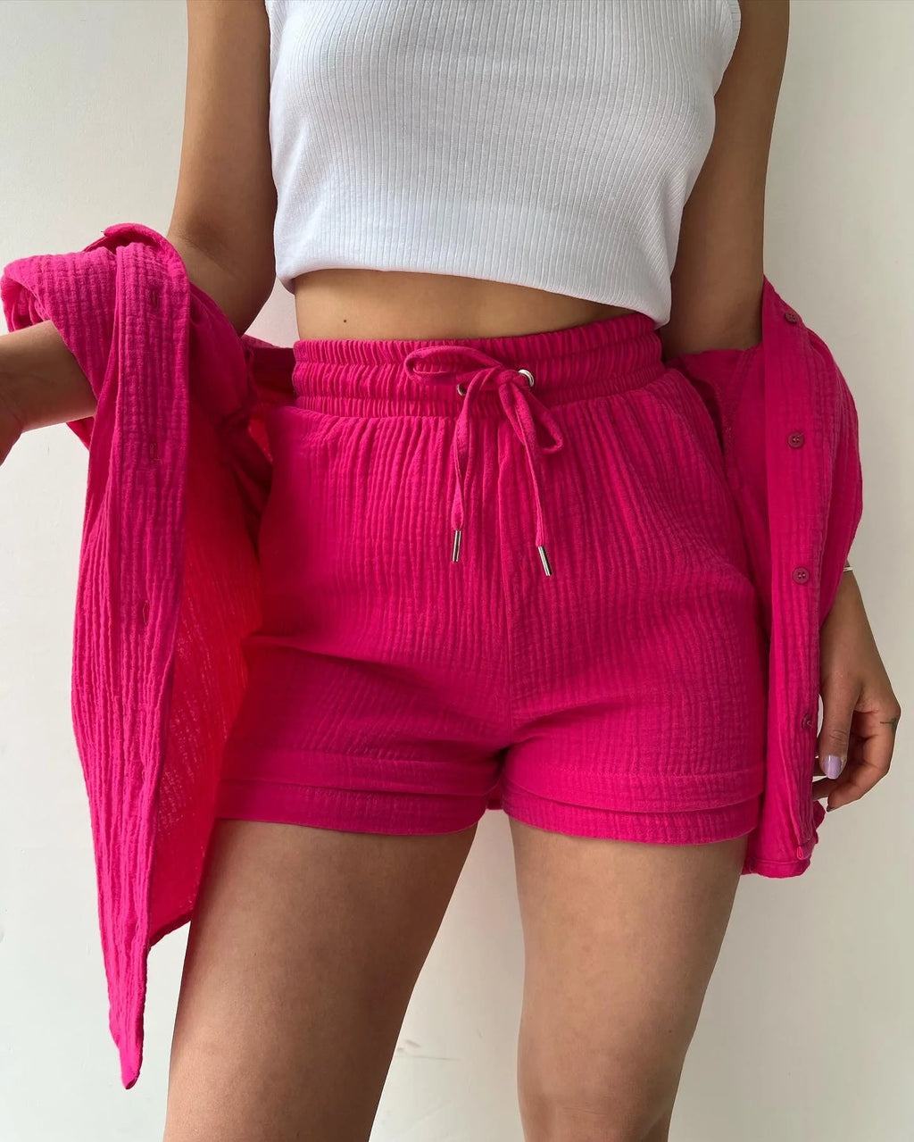 Women's Summer Shorts Set White Long Shirt High Waisted Pants Sets Casual Outfit Streetwear Suits For Women Female Clothing 2025