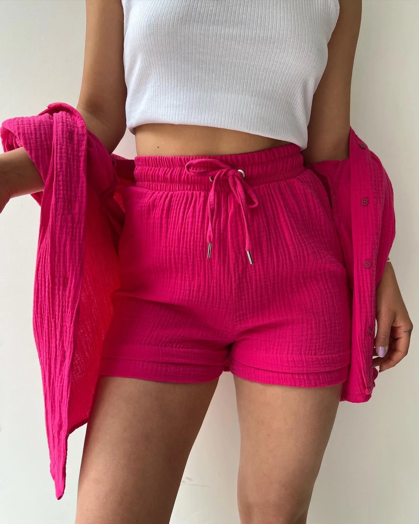 Women's Summer Shorts Set White Long Shirt High Waisted Pants Sets Casual Outfit Streetwear Suits For Women Female Clothing 2025