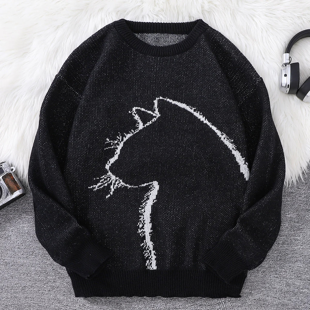 New Popular Autumn and Winter Simple Kitten Jacquard Double-Sided Pattern Pullover Sweater Casual Round Neck Knitted Men's Pullover