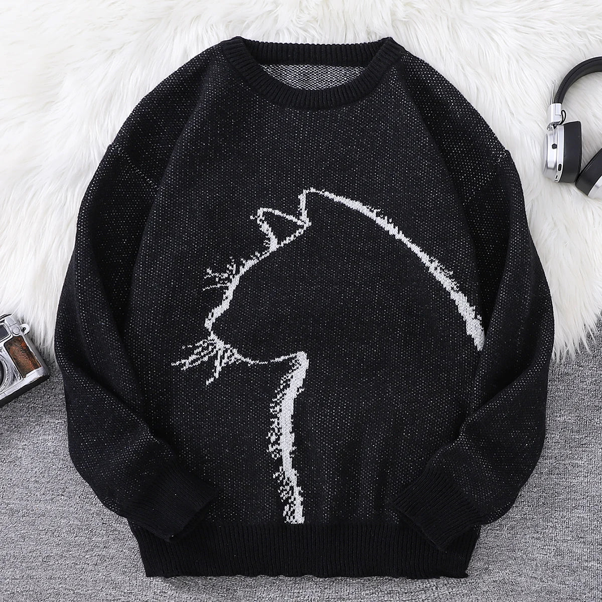 New Popular Autumn and Winter Simple Kitten Jacquard Double-Sided Pattern Pullover Sweater Casual Round Neck Knitted Men's Pullover