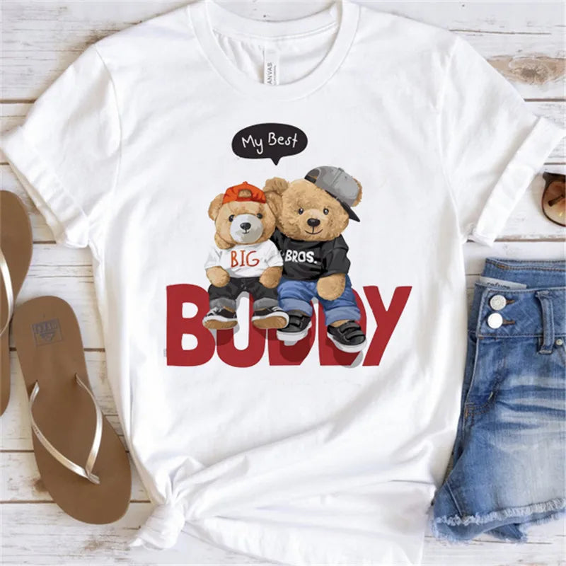 Fashion Graphic T-shirt Women Cute Bear Short-sleeved Clothes Women Print T-shirt Summer 90's Fashion Style Women T-shirt
