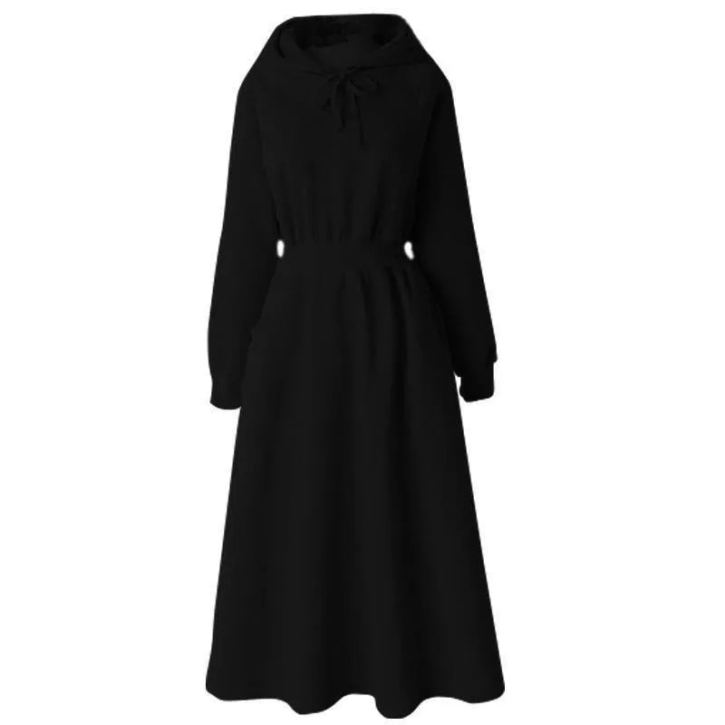Autumn Winter Casual Women Hooded Cotton Long Dress Long Sleeved Pullover Solid Hoodie Shirring A-Line Floor-Length Rib Dresses