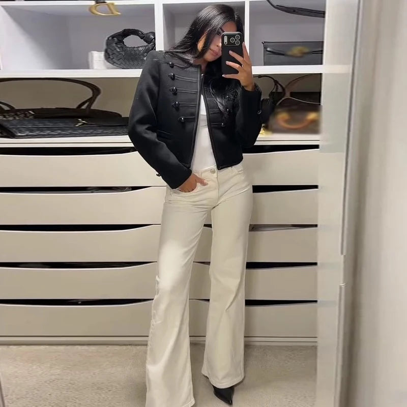 Casual Solid Women's Jacket O-Neck Full Sleeve Button Black Lady Cropped Jackets 2026 Spring Chic Female Street Outerwear