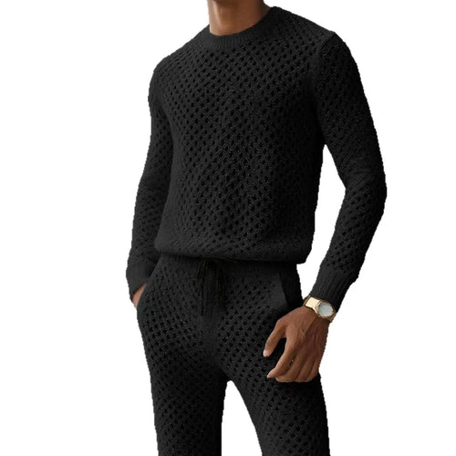 Autumnr Hollow Out Knitted Two Piece Sets Men Casual Solid Color Long Sleeve Tops and Pants Suits Mens Vintage Knit Outfits