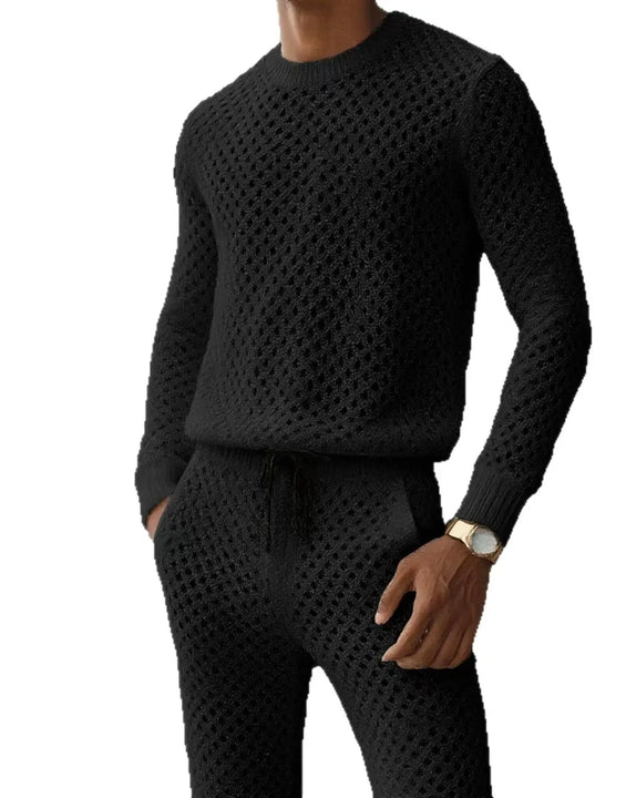 Autumnr Hollow Out Knitted Two Piece Sets Men Casual Solid Color Long Sleeve Tops and Pants Suits Mens Vintage Knit Outfits